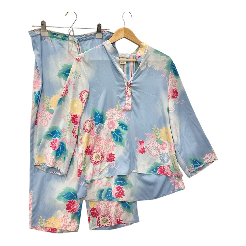 Natori Blue Floral Satin Pajama Set Top and Pants Womens Small PJ Lounge